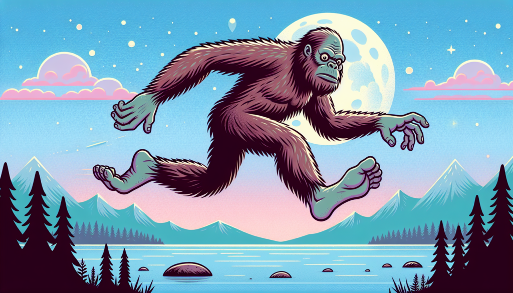 Tegning af Bigfoot, der springer i natlandskab med bjerge og måne