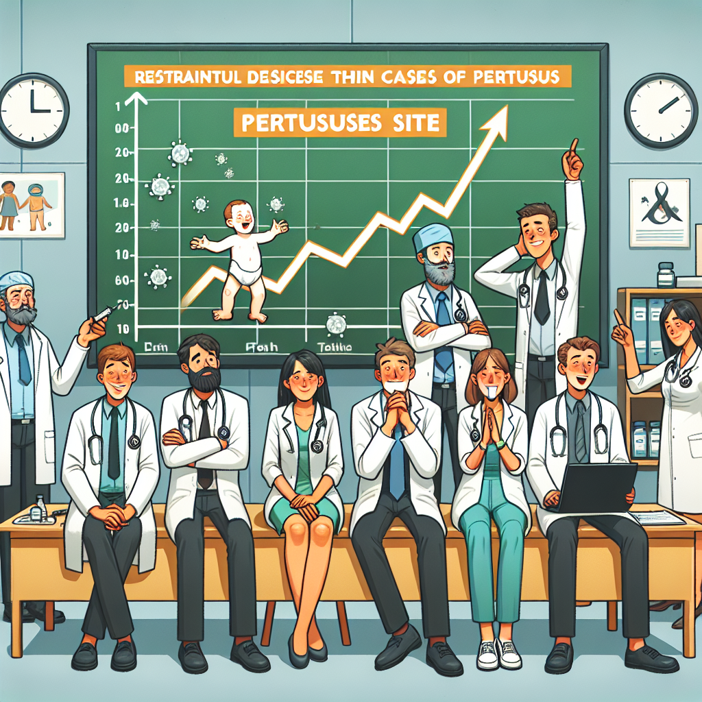 En gruppe læger foran en tavle med grafer og et barn; stigende pertussisudbrud.