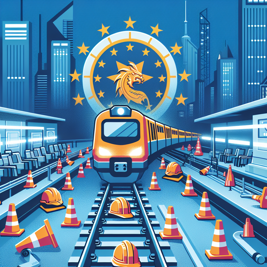 Illustration af et tog på en stationsperron med trafikkegler og byggeudstyr