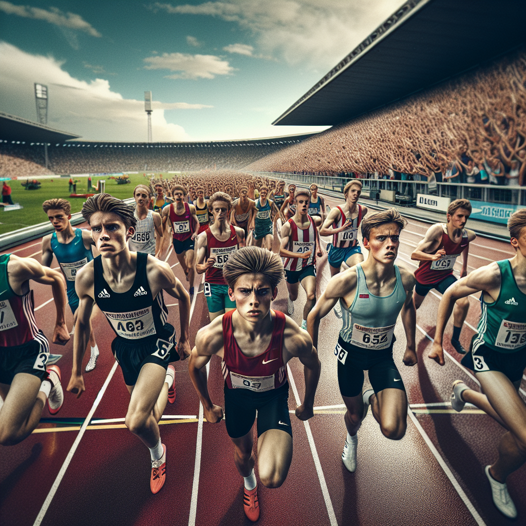 Gruppe af unge mandlige atleter der løber i konkurrenceløb på et stadion.