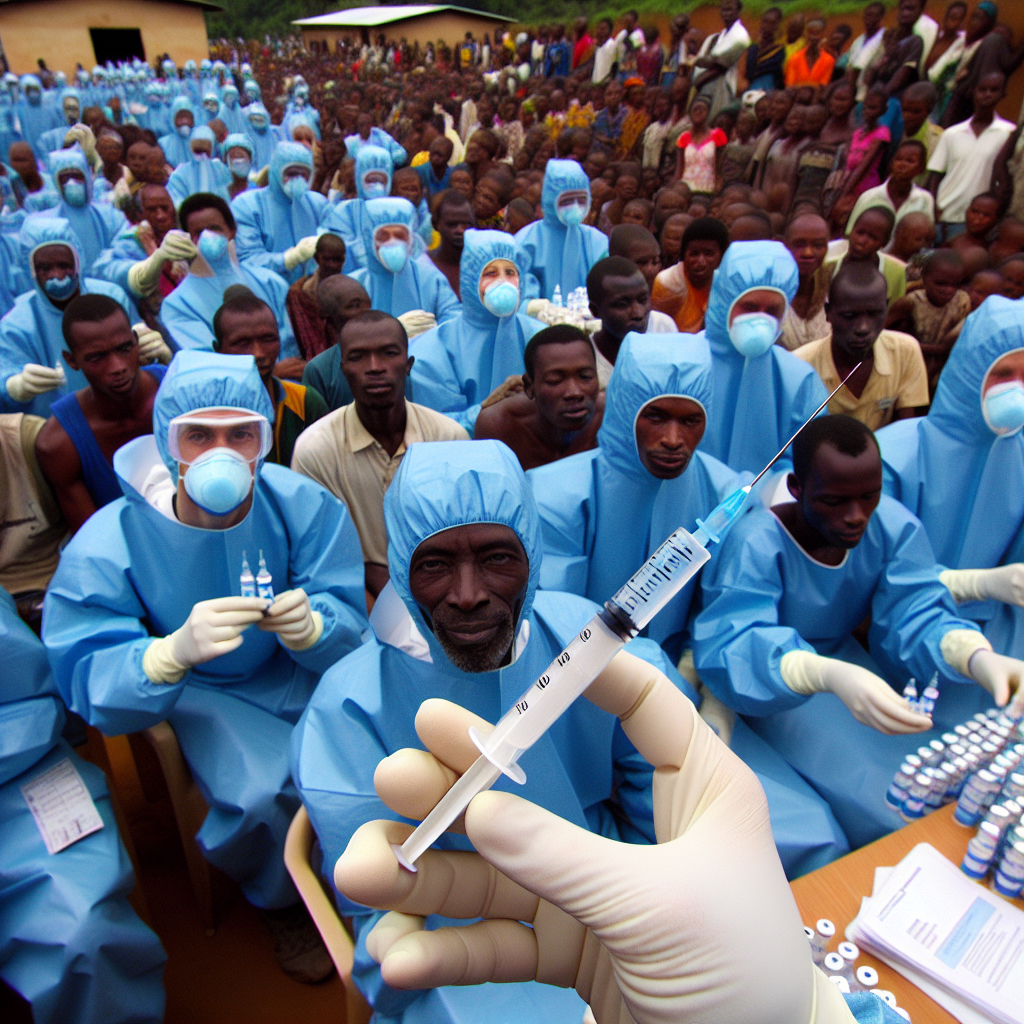 Sundhedspersonale i beskyttelsesdragter forbereder vacciner for en stor gruppe mennesker.