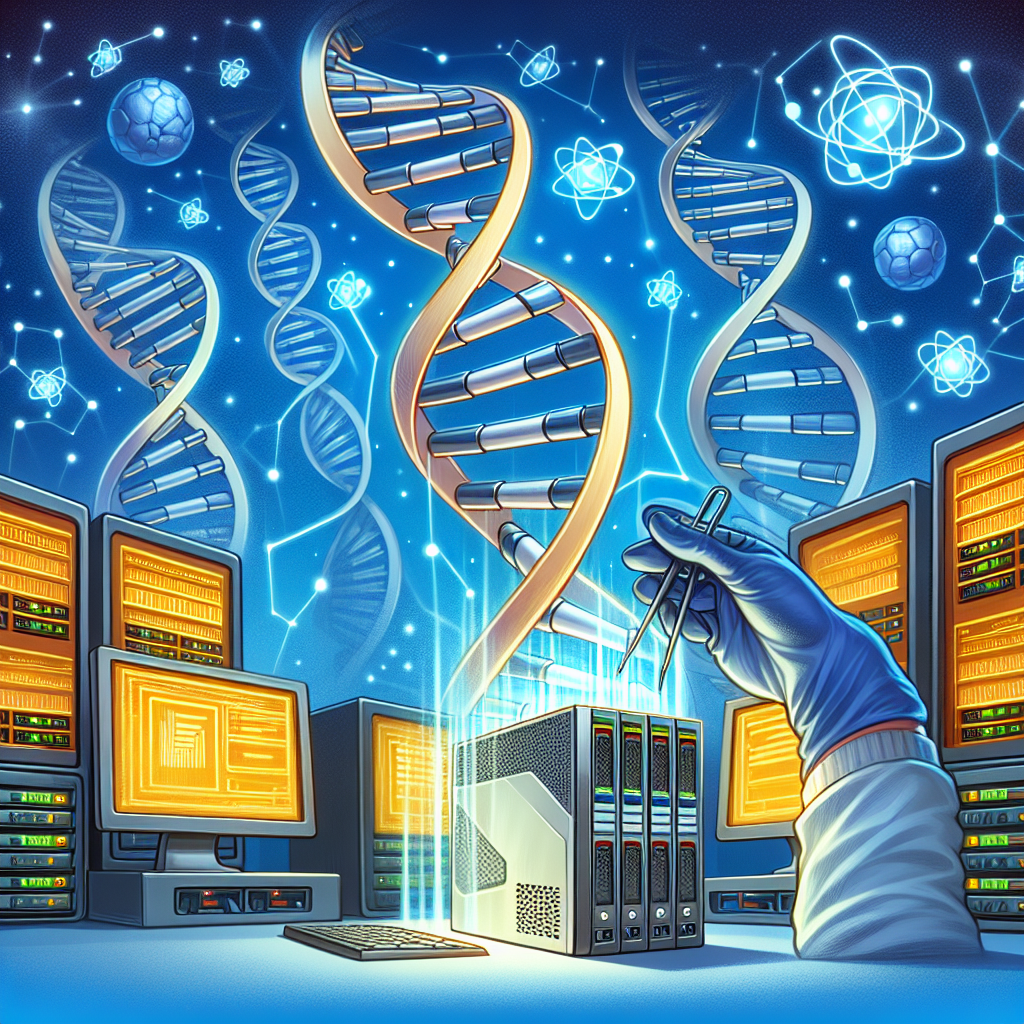 Illustration af en hånd i handske, der arbejder med DNA og computere.