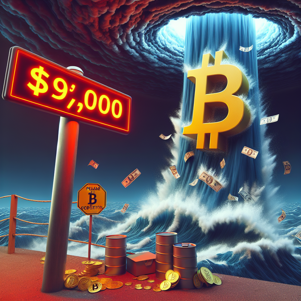 Bitcoin symbol under vandfald med 9000-dollar skilt