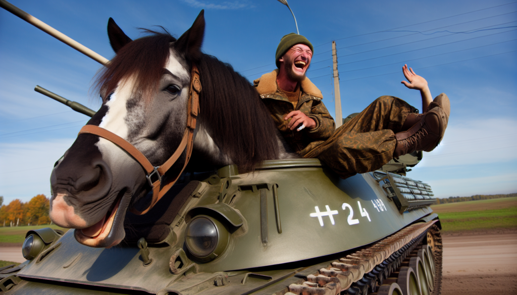 En soldat sidder grinende på en tanks med en stor hest foran