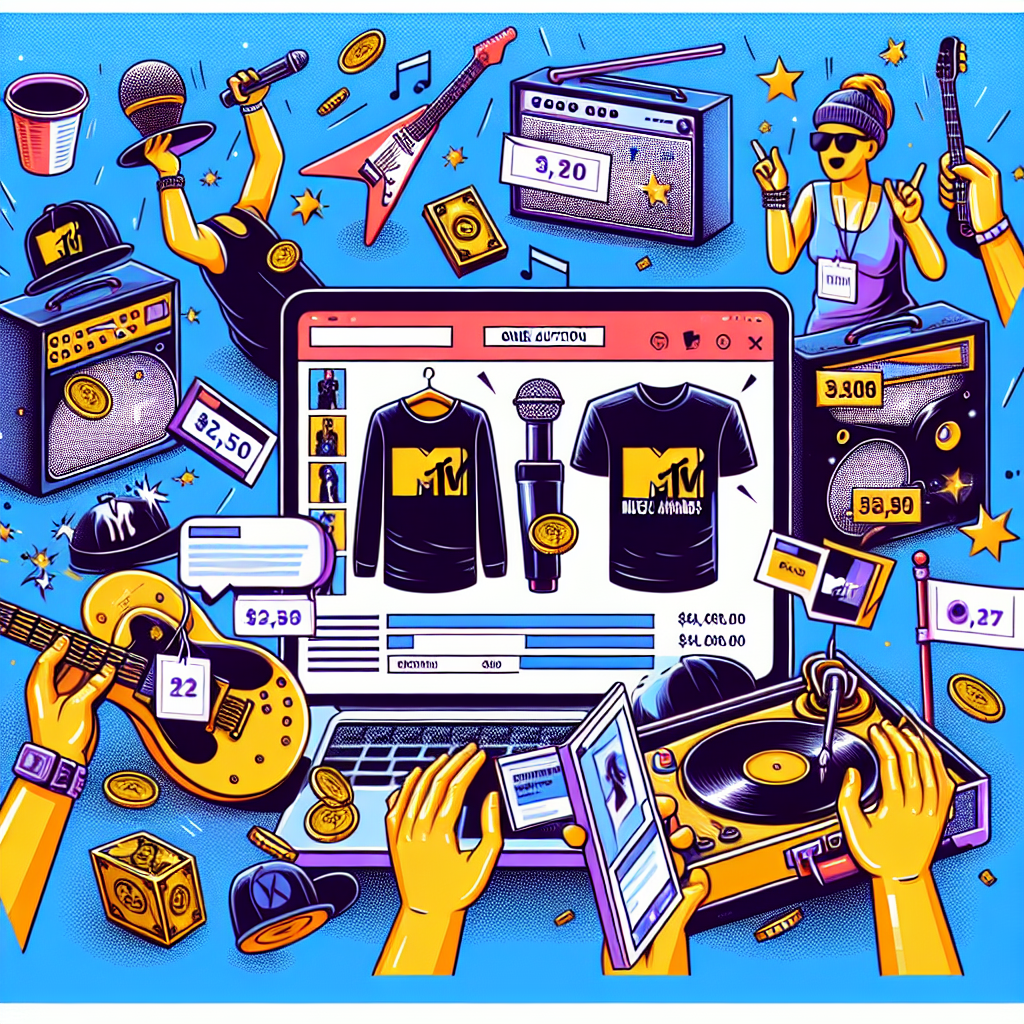 Illustration af online musikshopping med mikrofoner, t-shirts, og koncerttilbehør