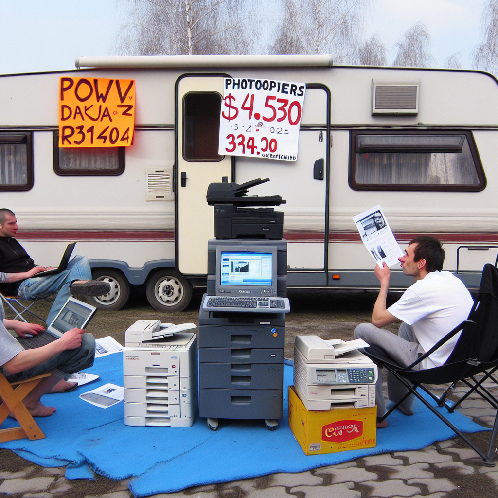 To personer ved printere og computere foran en campingvogn med salgsskilt.