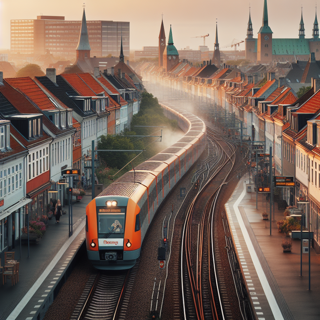 Et moderne tog kører gennem en gade i København med røde tage og kirketårne.