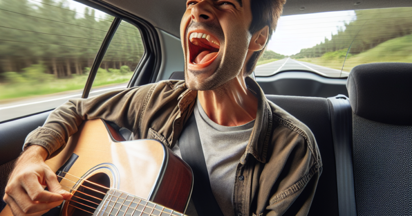 Guitarist synger meget højt på bagsædet af en Toyota Carina!