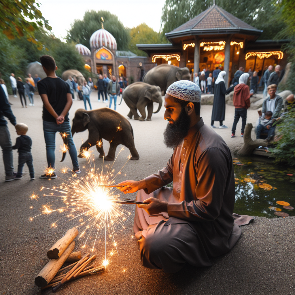 Mand med lysende stjernekaster foran elefanter i zoo