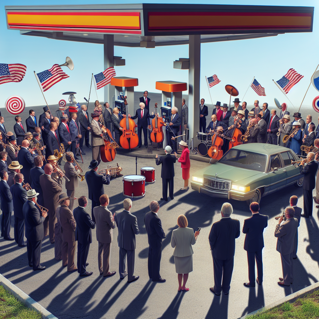 Stor forsamling af mennesker og orkester ved tankstation med amerikanske flag