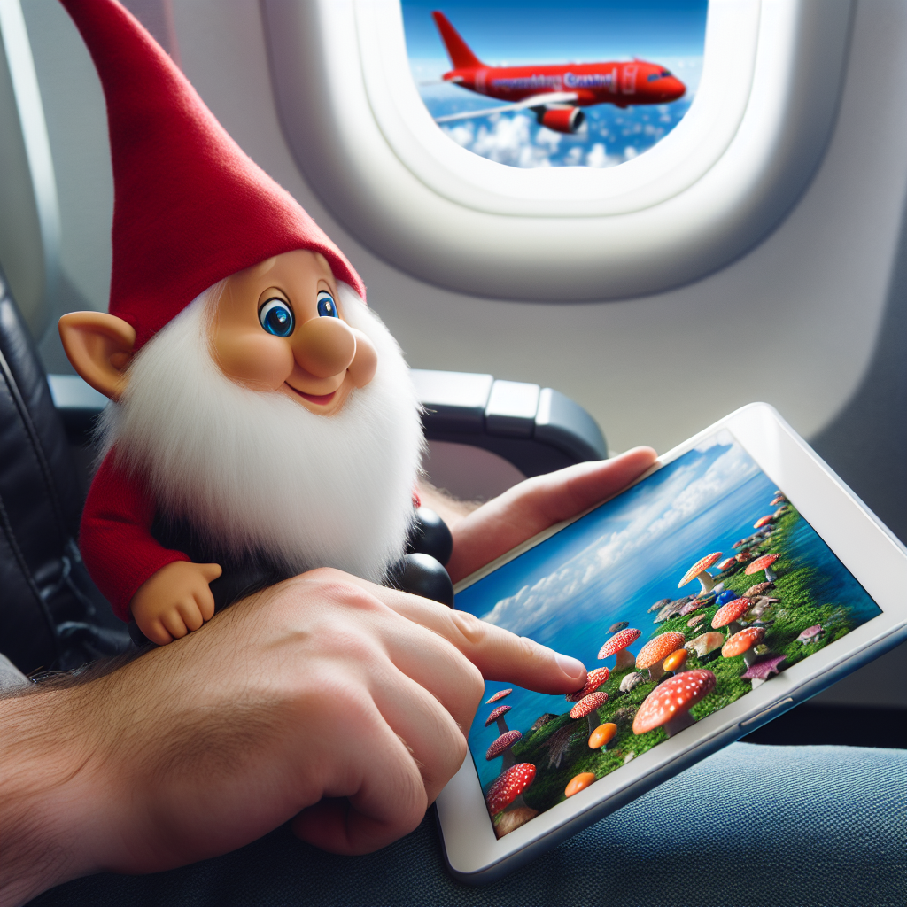 En nisse sidder med en tablet i et flysæde med et rød fly udenfor vinduet.