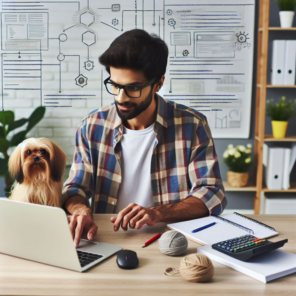 Mand sidder ved bærbar computer med hund og whiteboard i baggrunden