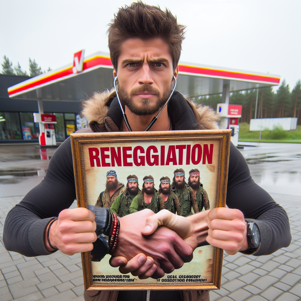 Mand foran tankstation med plakat der siger 'Reneggiation' og viser håndtryk