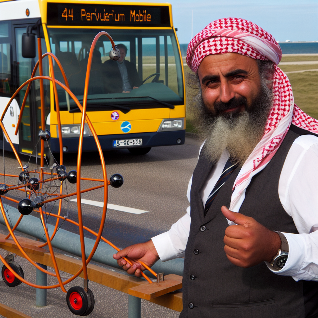 Mand i traditionel hovedbeklædning står ved siden af et transporthjul ved en vej med en bus i baggrunden.