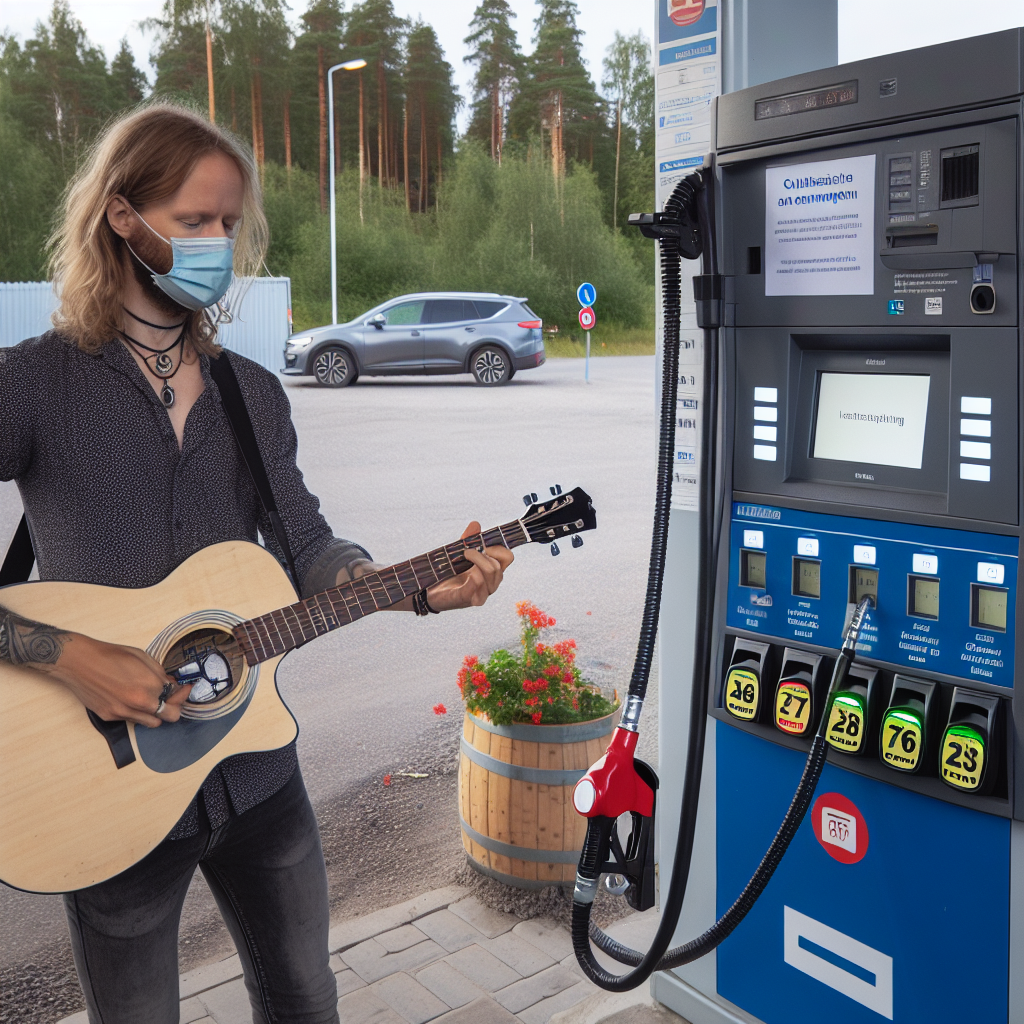 En person med guitar spiller ved en tankstation iført maske.