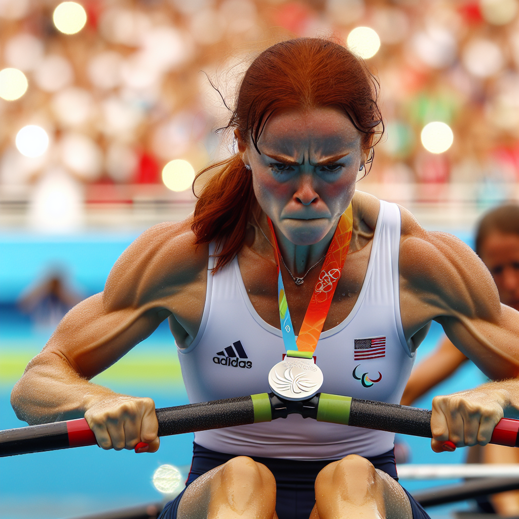 Atlet med rødt hår og medalje ror intenst i båd