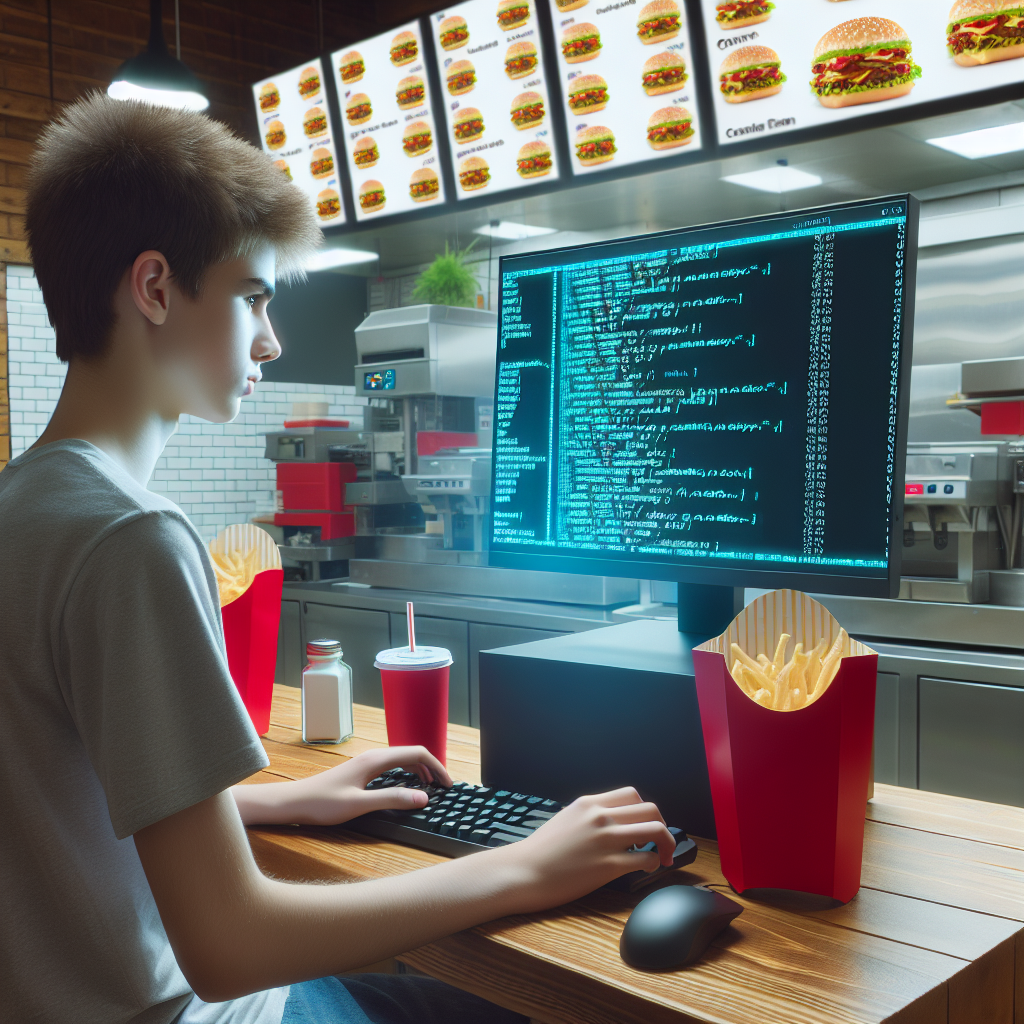 Person arbejder på computer i fastfoodrestaurant, omgivet af mad.