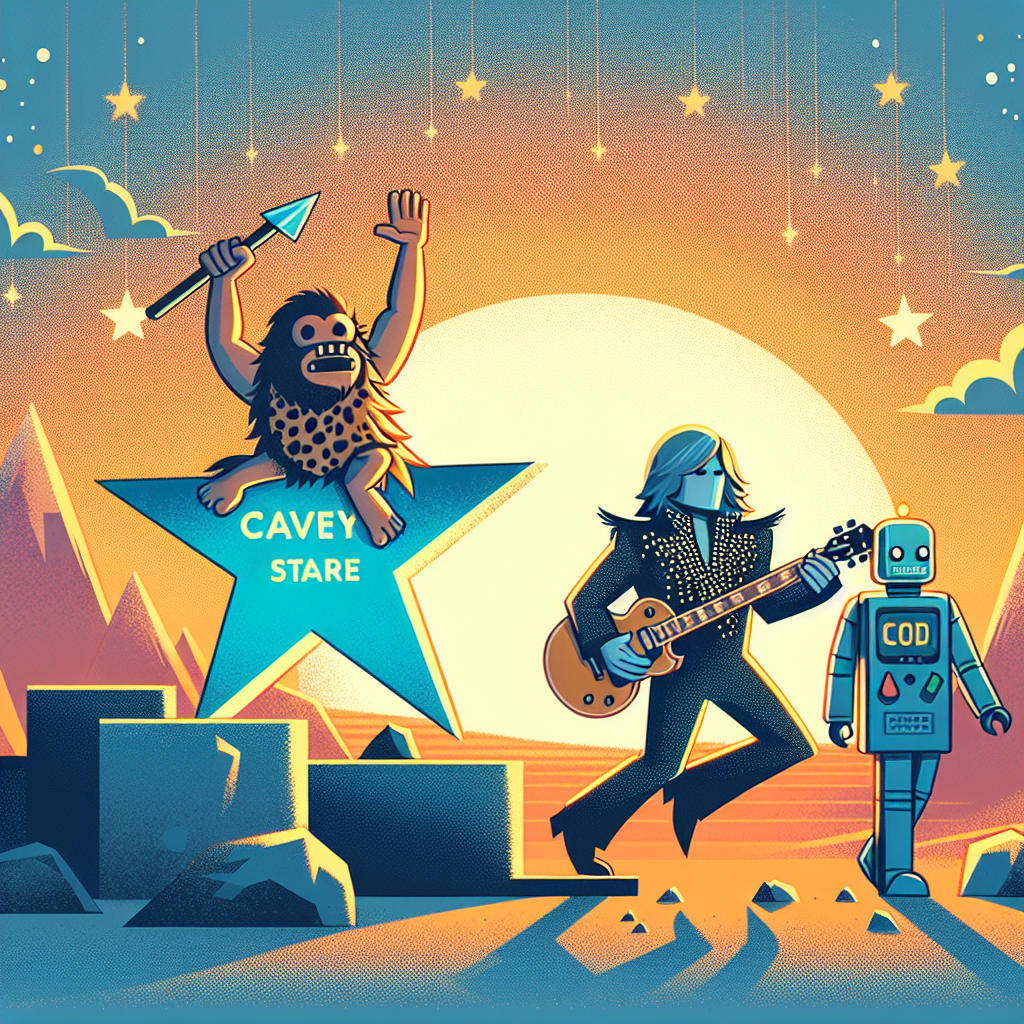 Illustration af en hulemand, en guitarist og en robot under en stjernehimmel