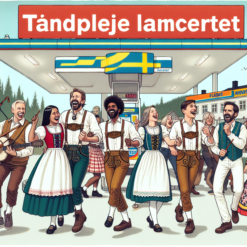 Gruppe i traditionelle dragter danser og synger ved tankstation med skilt.