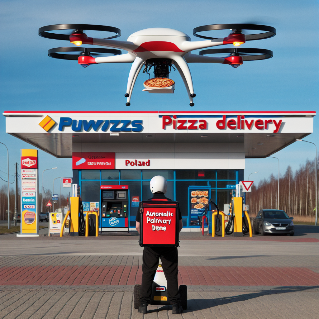 Drone leverer pizza til en tankstation, hvor en person venter på en segway