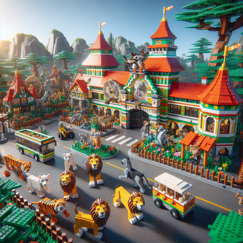 LEGO dyrepark med farverigt slot og blokdjur i solskin