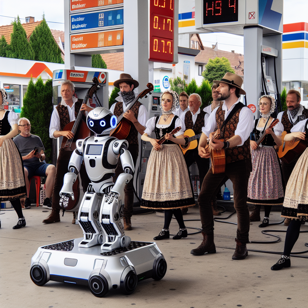 Robot ser en gruppe musikere i traditionelle dragter spille ved en tankstation