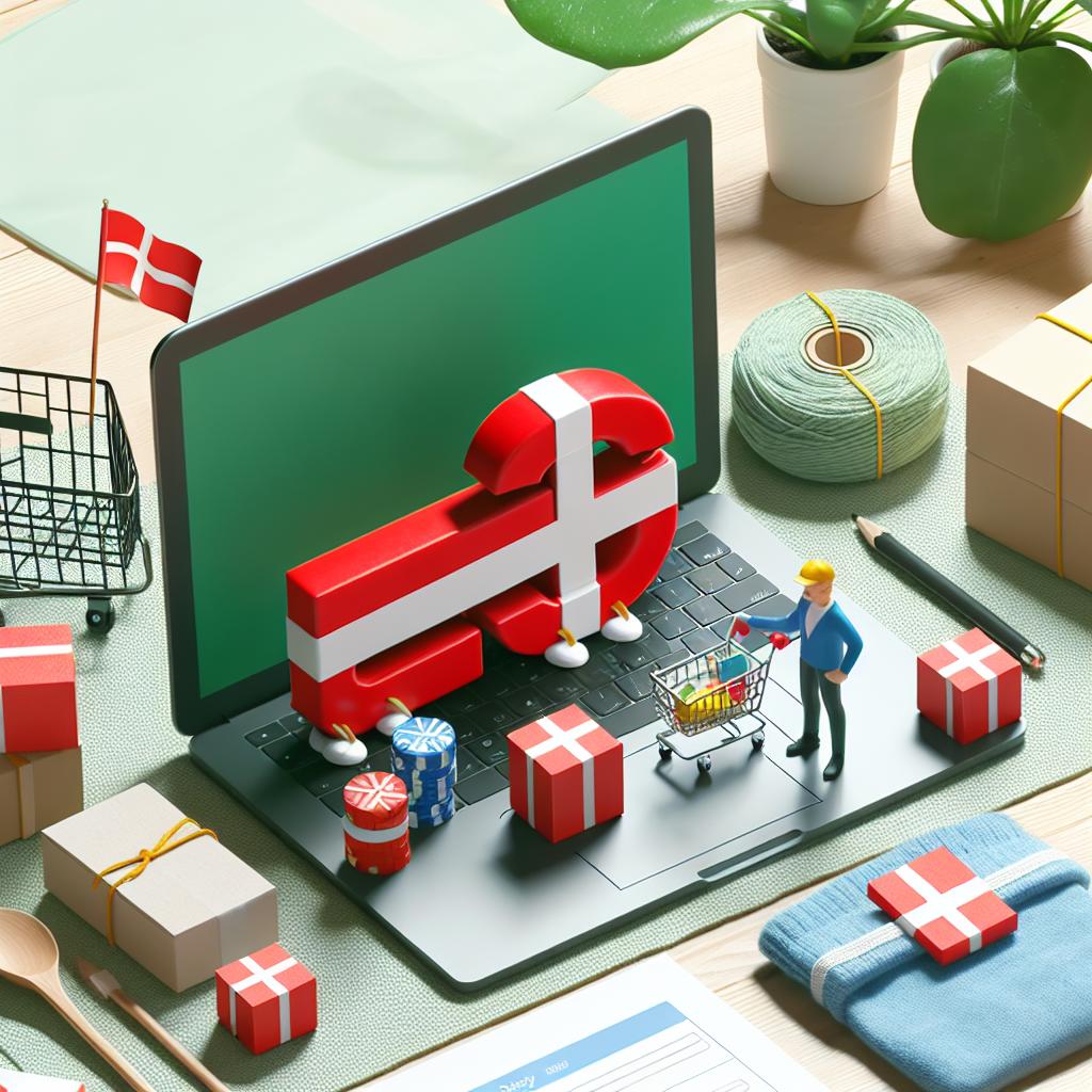 Digital shopping scene med danske flag og symboler på en bærbar computer.