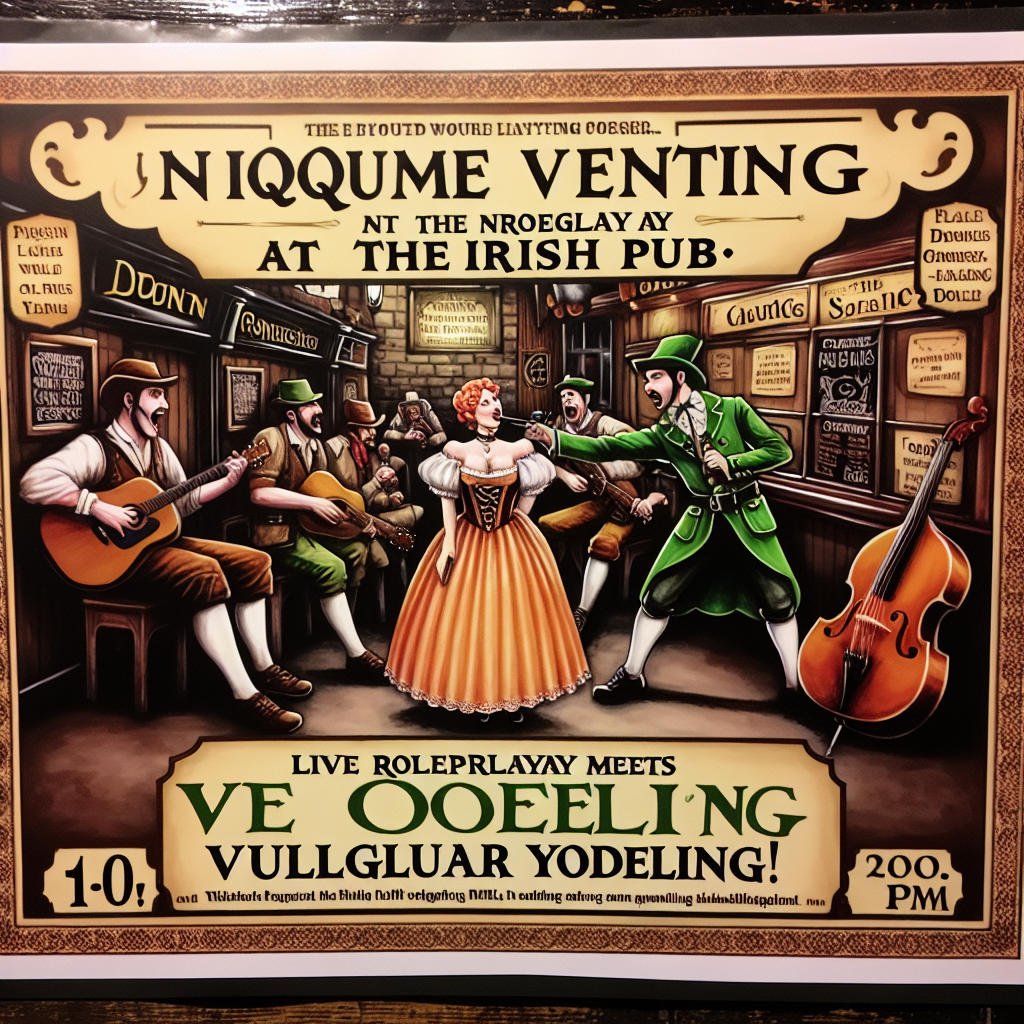 Illustration af musikere, en kvinde, og yodeling i en pubscene.