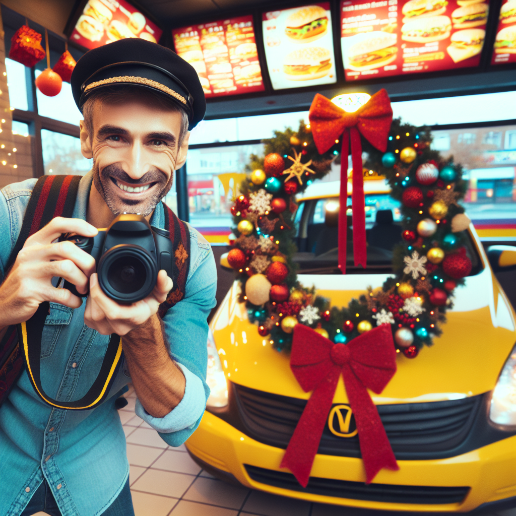 Fotograf smiler med kamera foran dekoreret taxa i restaurant