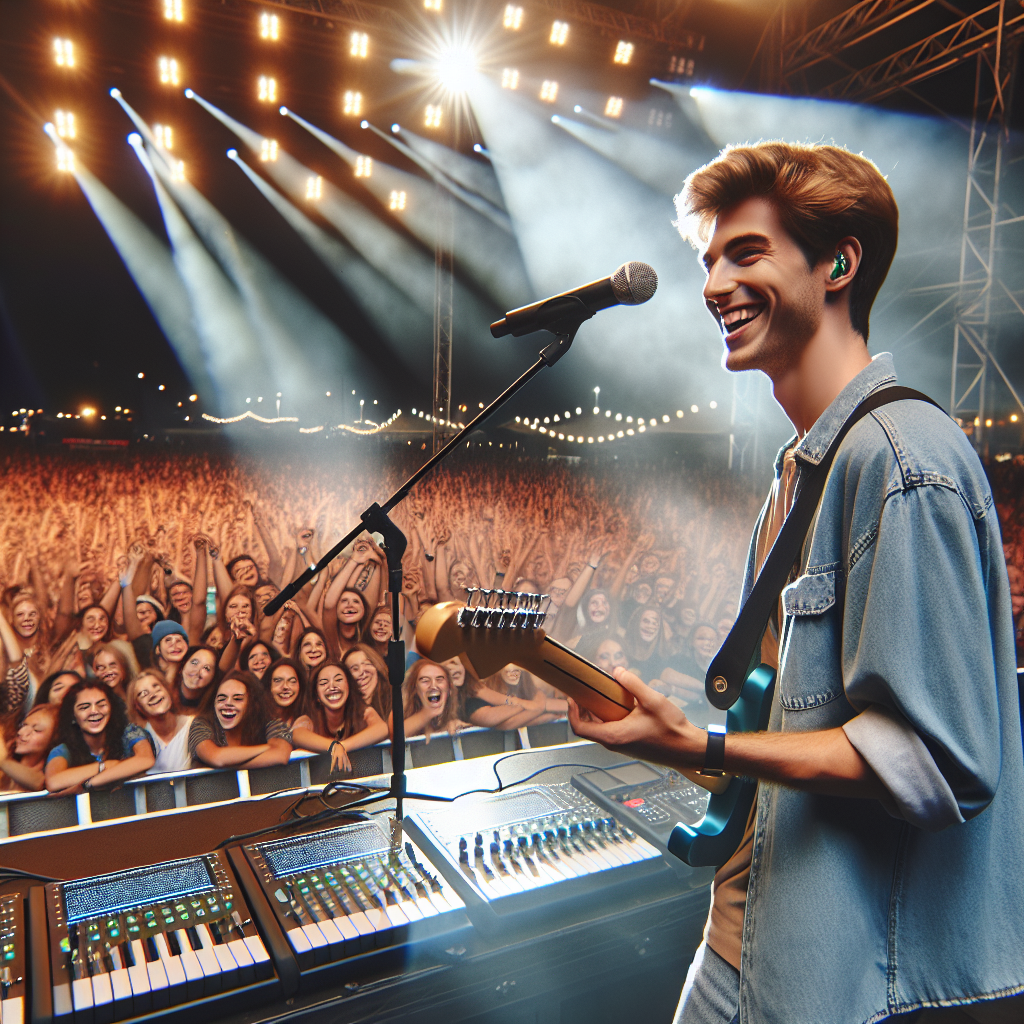 Guitarist smiler mens han optræder på en scene med et stort publikum foran sig.