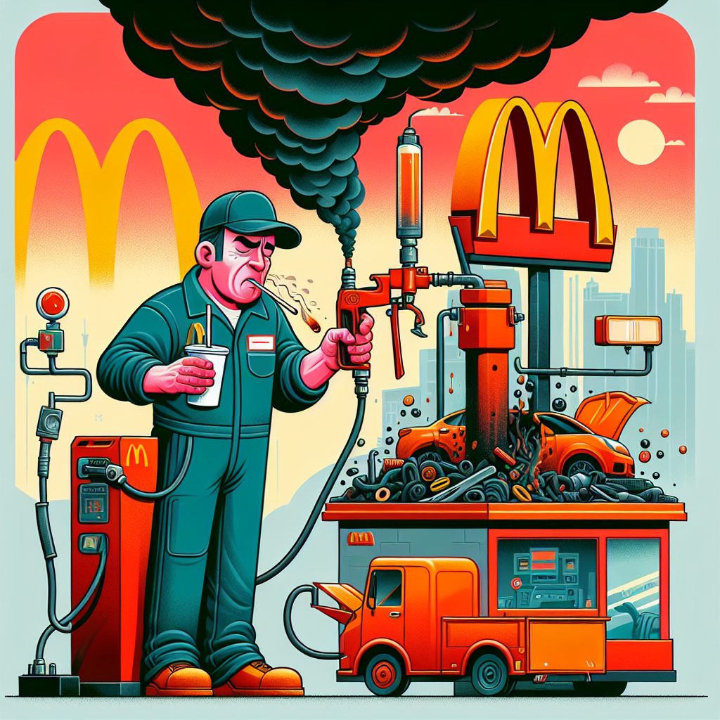 Illustration af mekaniker, bil dele og McDonald's symbol