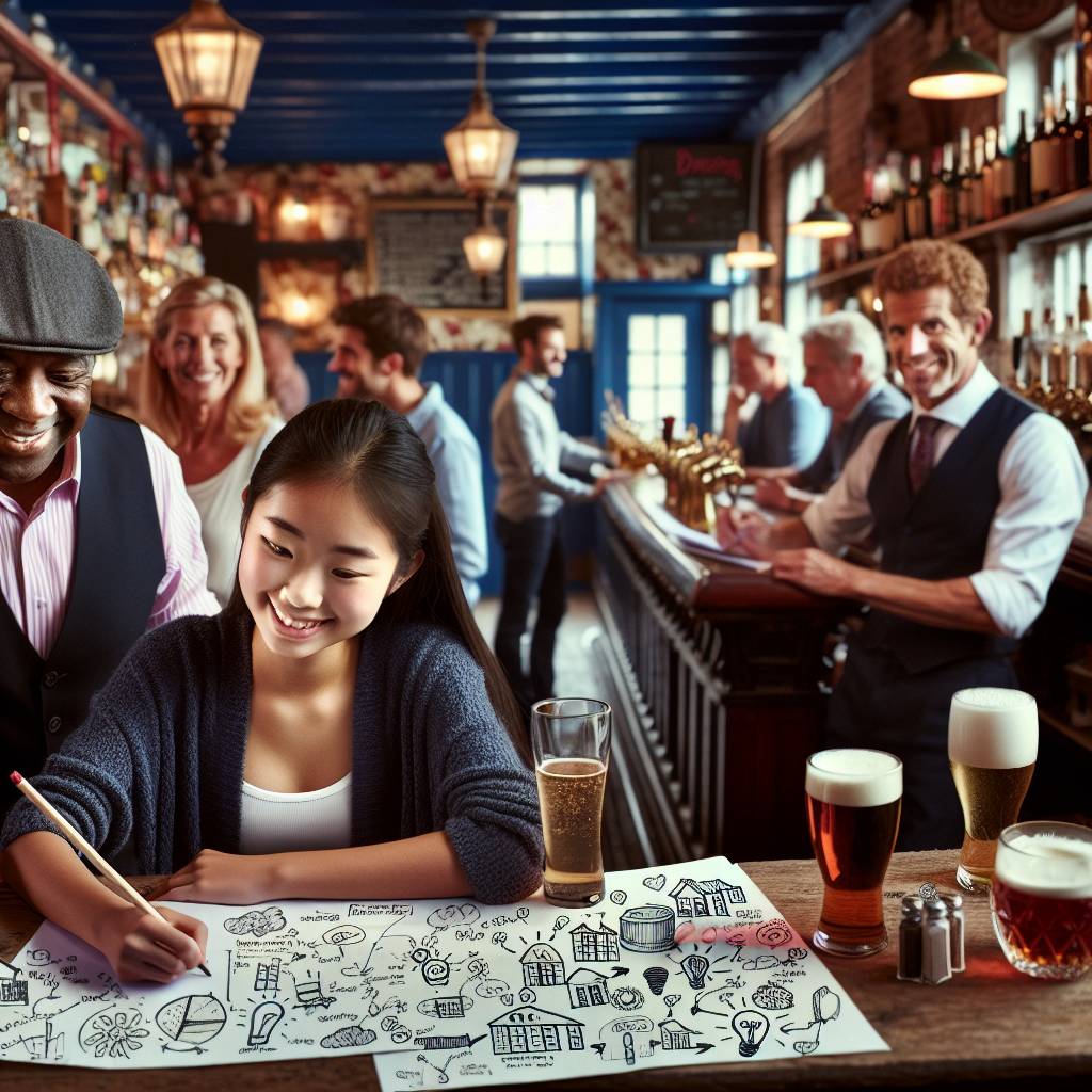 En ung kvinde tegner i en hyggelig pub omgivet af smilende mennesker.