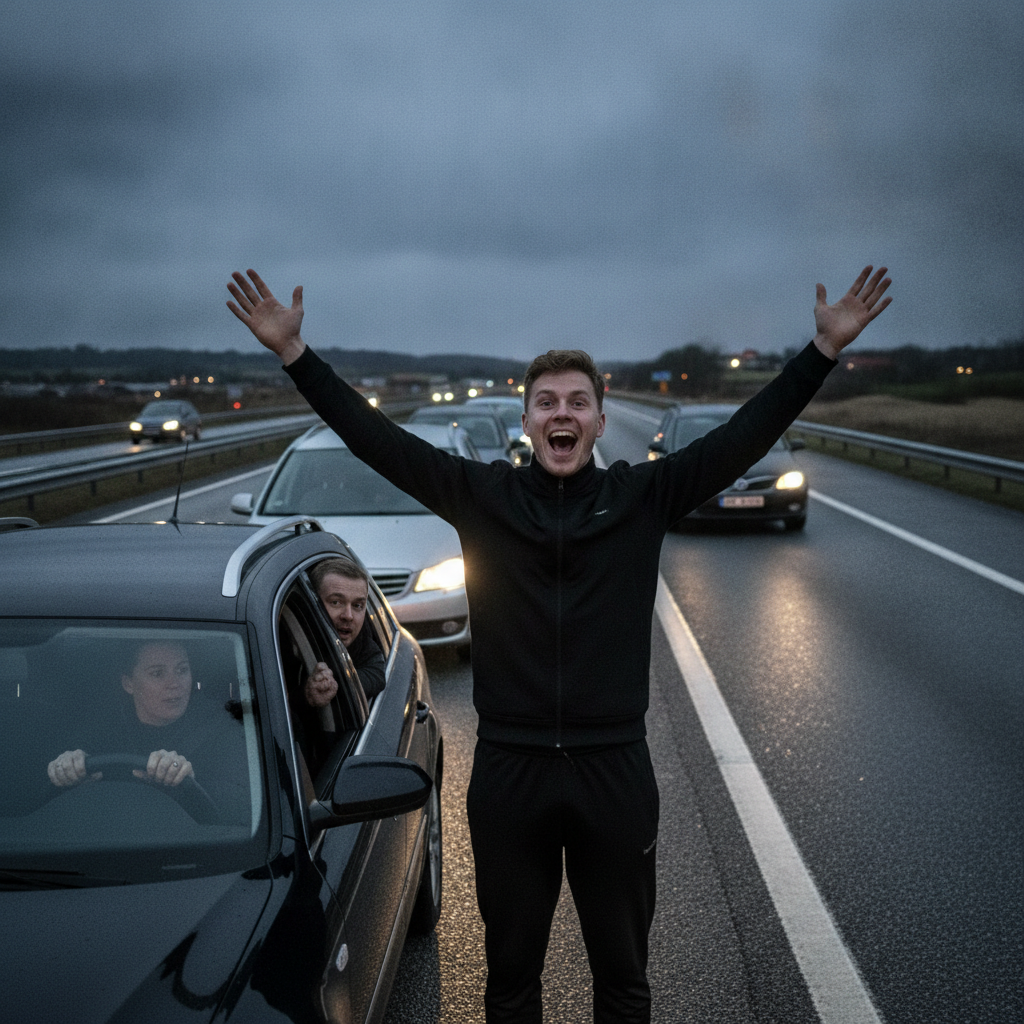 Fodboldspiller jodler på motorvej under usikre forhold