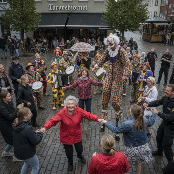 Klovneoptog forvandler byens torv til dansefest
