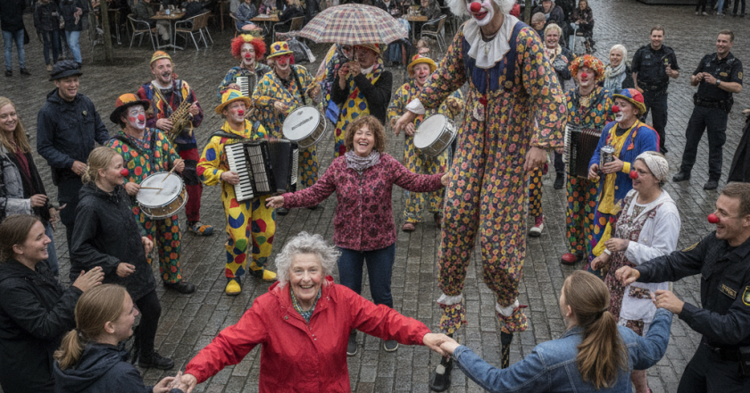 Klovneoptog forvandler byens torv til dansefest