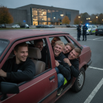 Murerlærlinge klemmer sig sammen på bagsæde til fest